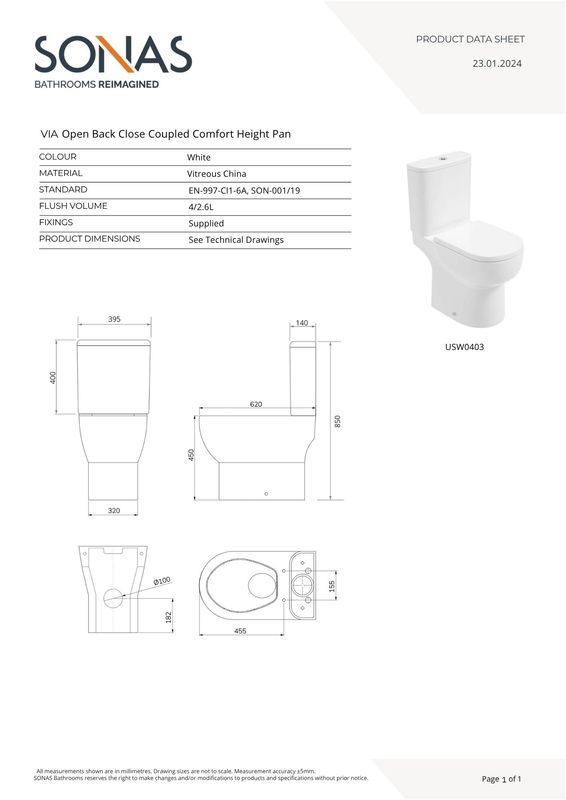 VIA Rimless Comfort Height Open Back Close Coupled WC &amp; Sequence Soft Close Seat