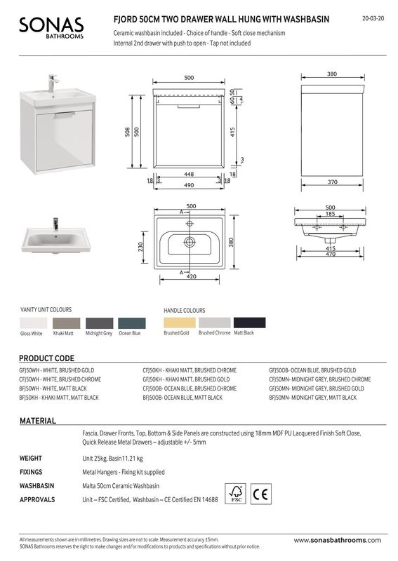 SONAS Fjord 50cm Wall Hung Vanity Unit Midnight Grey Matt- Brushed Gold Hardware