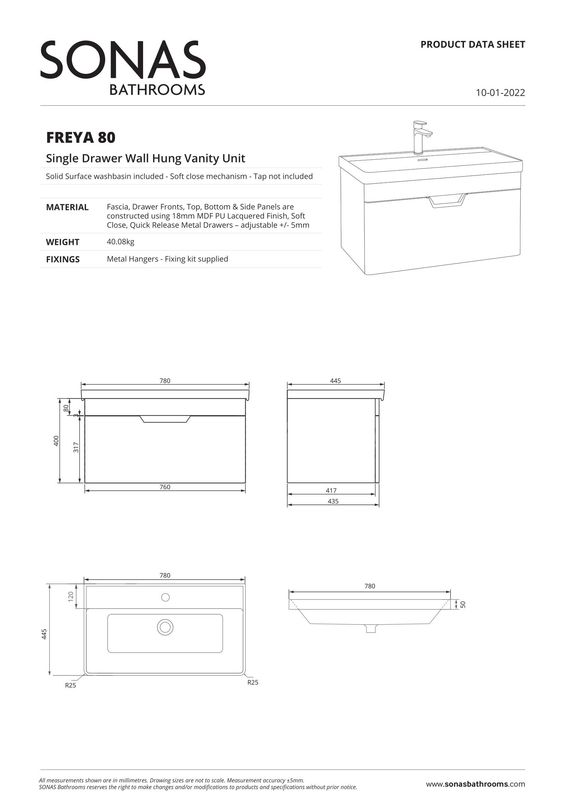 SONAS Freya 80cm 1 Drawer Wall Hung Vanity Unit Coral Green Matt - Brushed Gold Hardware