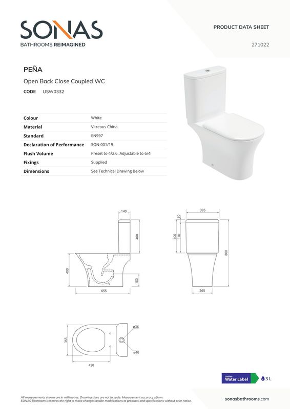 SONAS Peña Open Back Close Coupled Rimless Pan &amp; Soft Close Seat