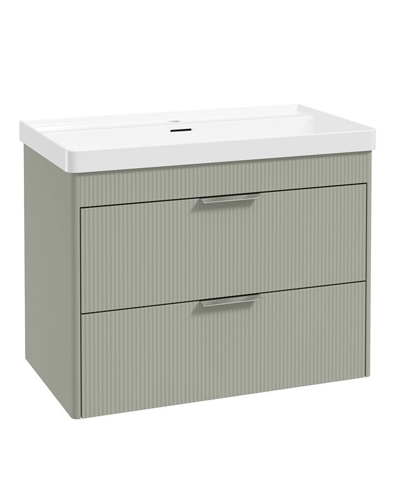 REED 80cm Wall Hung Two Drawer Vanity Unit Lakeside Sage &amp; Basin &amp; Handles