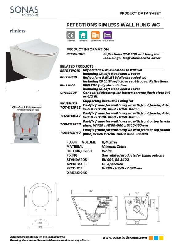 REFLECTIONS Rimless Wall Hung WC &amp; Sequence Slim Soft Close Seat