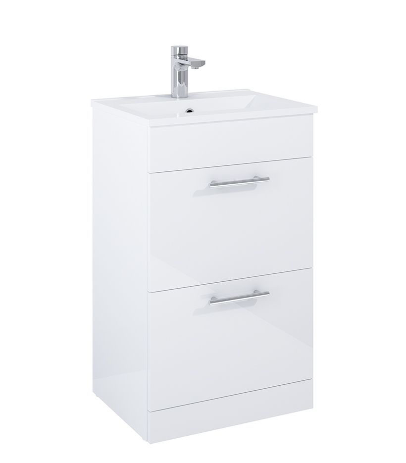 SONAS Belmount Square Gloss White 50cm Short Projection 2 Drawer Floor Standing Vanity- Chrome Hardware