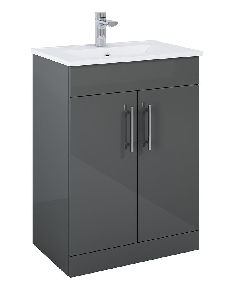 SONAS Belmount Square Grey Gloss 60cm Short Projection 2 Door Floor Standing Vanity- Chrome Hardware