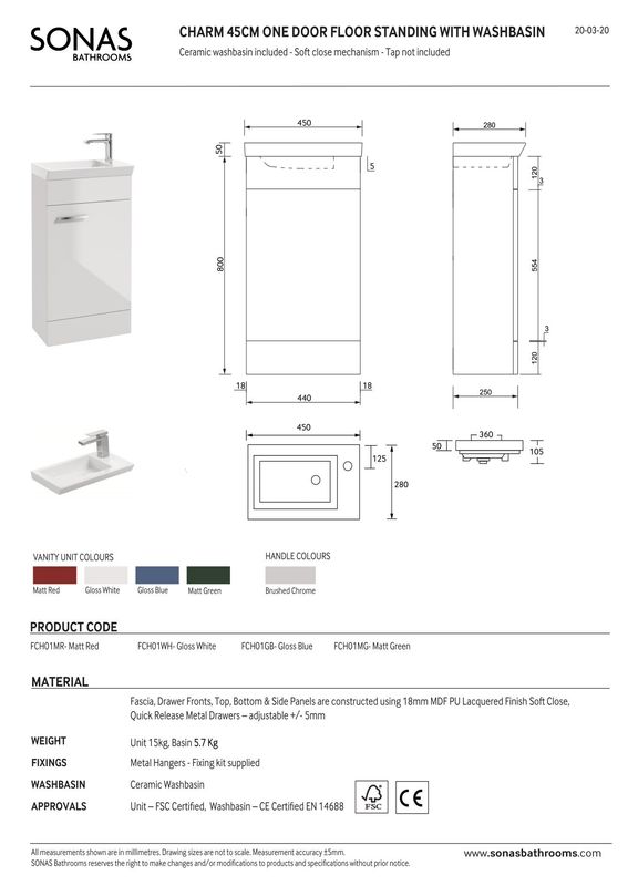 SONAS Charm 45cm Gloss White Floor Standing Cloakroom Vanity Unit- Chrome Hardware
