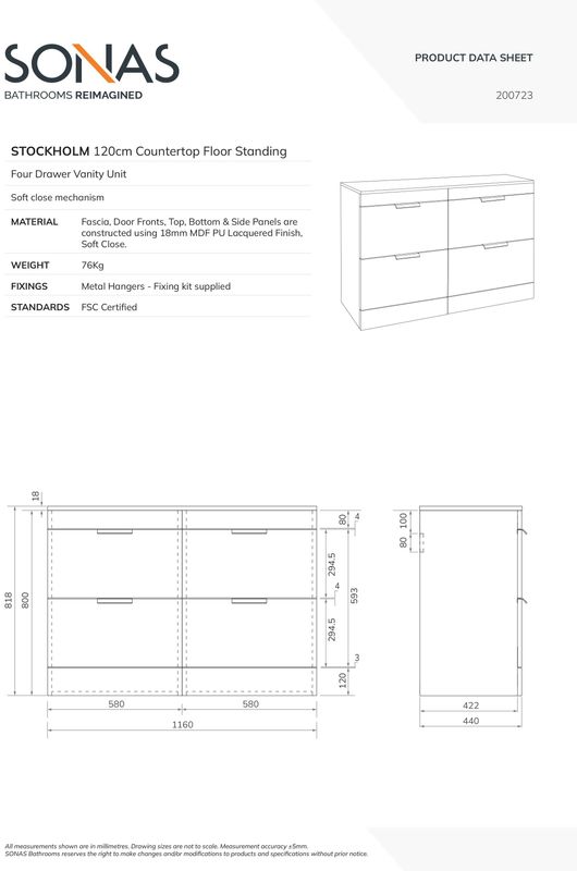 STOCKHOLM Floorstanding 120cm Four Drawer Countertop Unit Matt Ocean Blue &amp; Handle
