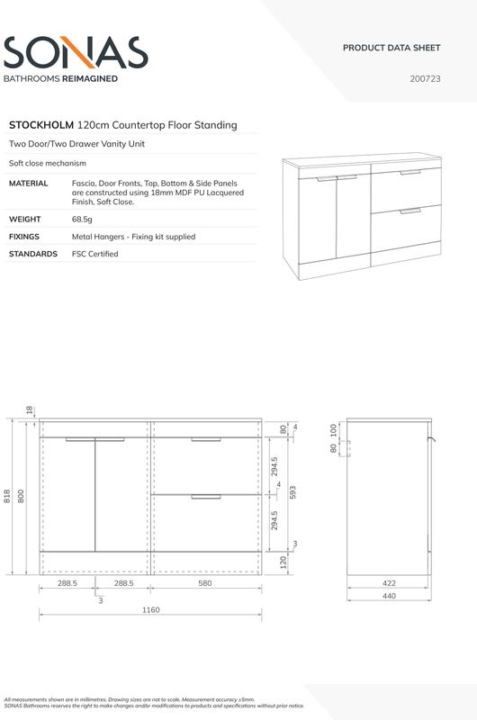 STOCKHOLM Floorstanding 120cm Two Drawer/Two Door Countertop Unit Gloss White &amp; Handles