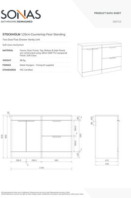 STOCKHOLM Floorstanding 120cm Two Drawer/Two Door Countertop Unit Matt Ocean Blue &amp; Handles
