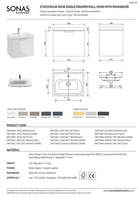 STOCKHOLM Wall Hung  50cm Single Drawer Unit Gloss White &amp; Handle