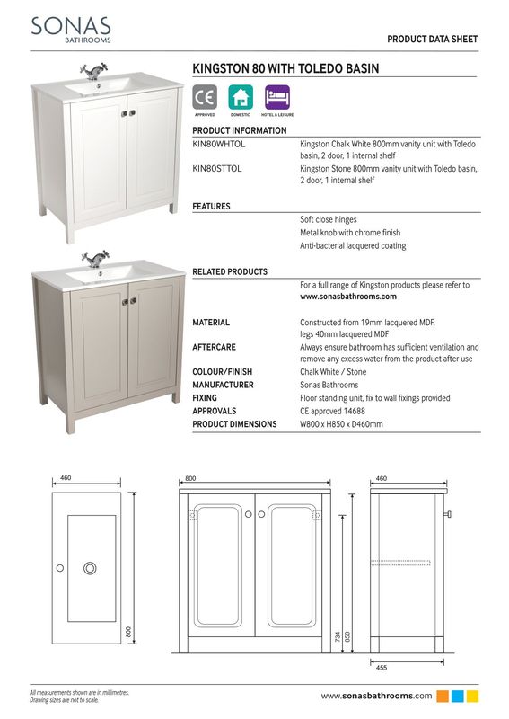 SONAS Kingston Chalk White 80cm 2 Door Floor Standing Vanity with Slim Basin- Chrome Hardware