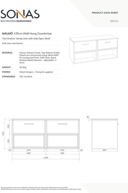 SONAS MALMO 120cm Matt Cashmere Pink Two Drawer Countertop Vanity Unit - Brushed Gold Handle