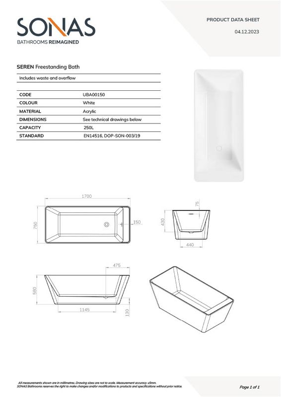 SONAS SEREN 1700x750mm Freestanding Bath (ONLY 1 IN STOCK)
