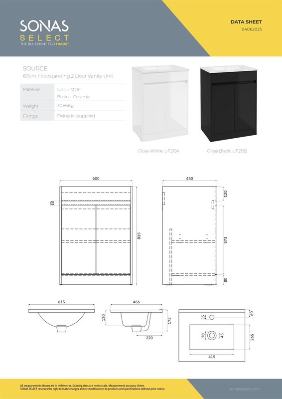 SOURCE Floorstanding 60cm Two Door Vanity Unit &amp; Basin