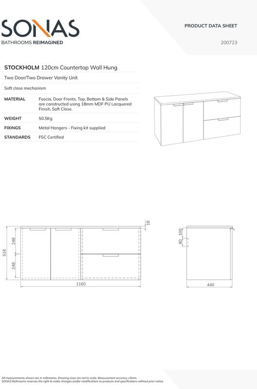 STOCKHOLM Wall Hung 120cm Two Drawer/Two Door Countertop Unit Matt Cashmere Pink &amp; Handles