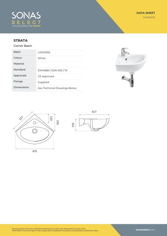 STRATA 47cm 1TH Corner Wash Basin