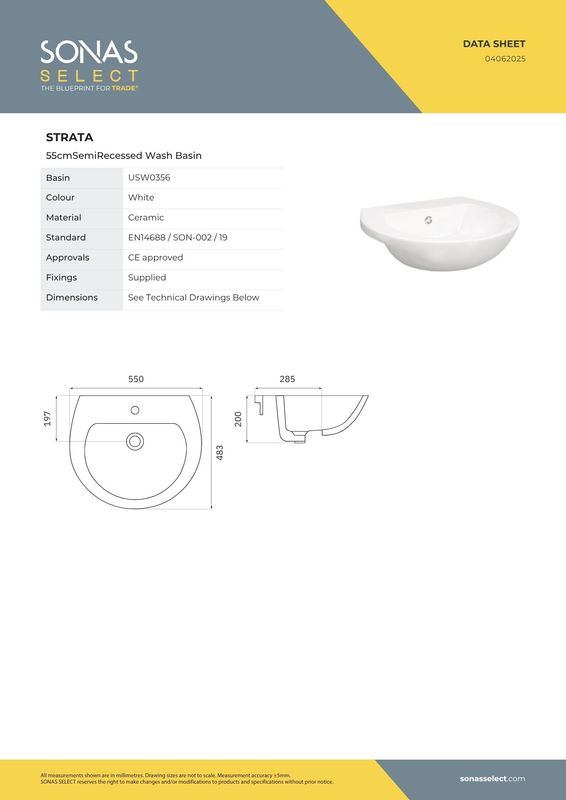 STRATA 55cm 1TH Semi Recessed Basin