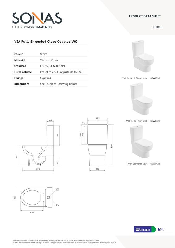 VIA Rimless Fully Shrouded Closed Coupled WC &amp; Sequence Slim Soft Close Seat