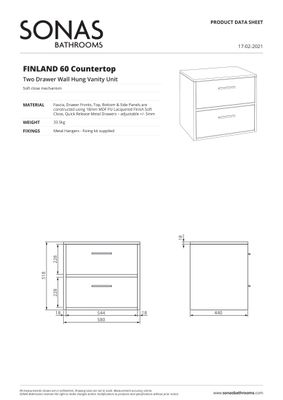 SONAS Finland 60cm 2 Drawer Wall Hung Countertop Unit Ocean Blue Matt -Matt Black Hardware
