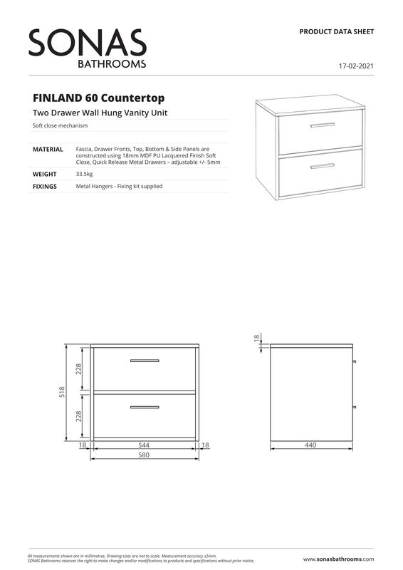 SONAS Finland 60cm Countertop Wall Hung Vanity Unit Matt White- Brushed Gold Hardware