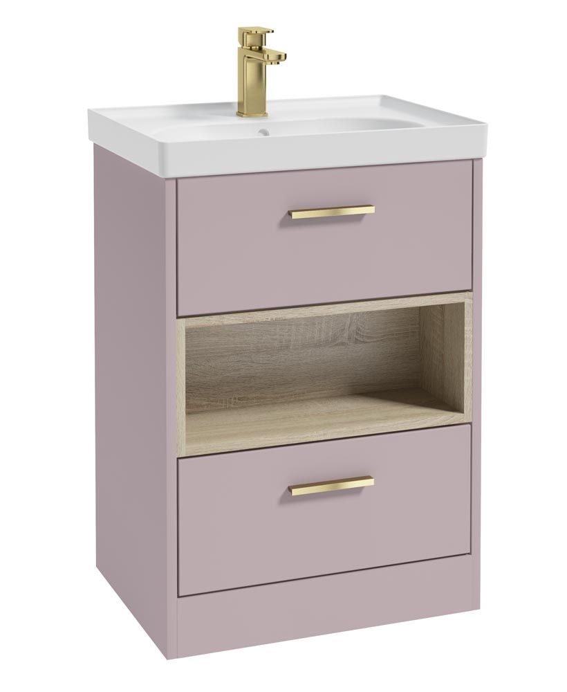 SONAS MALMO 60cm Two Drawer Matt Cashmere Pink Floor Standing Vanity Unit Matt Basin - Brushed Gold Handle