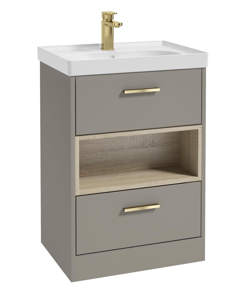 SONAS MALMO 60cm Two Drawer Matt Khaki Floor Standing Vanity Unit Matt Basin- Brushed Gold Handle