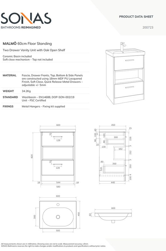 SONAS MALMO 60cm Two Drawer Matt Ocean Blue Floor Standing Vanity Unit Matt Basin- Matt Black Handle