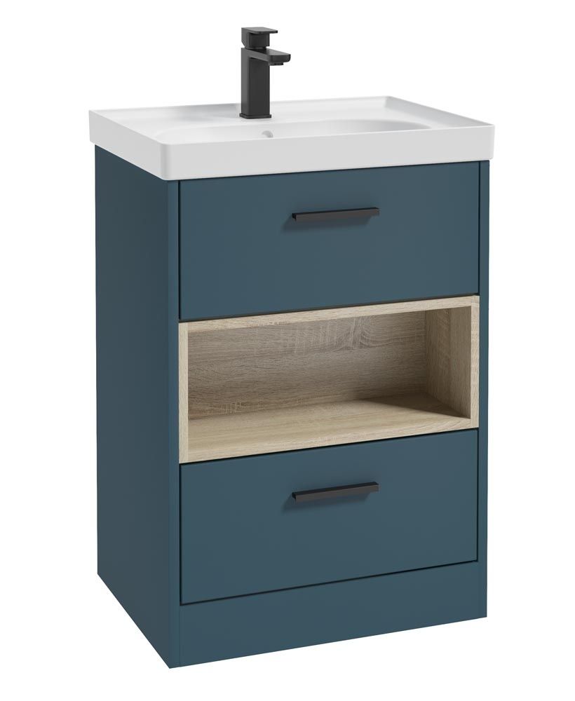 SONAS MALMO 60cm Two Drawer Matt Ocean Blue Floor Standing Vanity Unit Matt Basin- Matt Black Handle