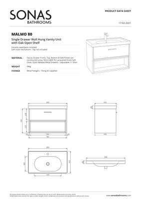 SONAS Malmo 80cm Wall Hung Vanity Unit with Matt Basin Night Sky Blue - Matt Black Hardware