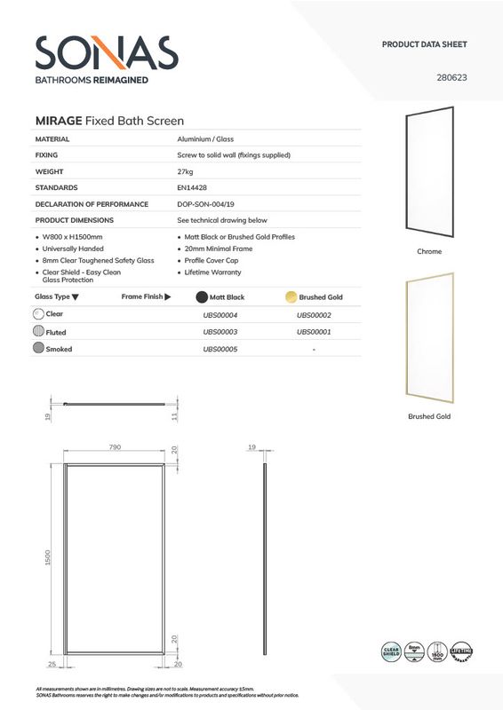 SONAS MIRAGE 800x1500mm Matt Black Frame with Smoked Glass Bath Screen