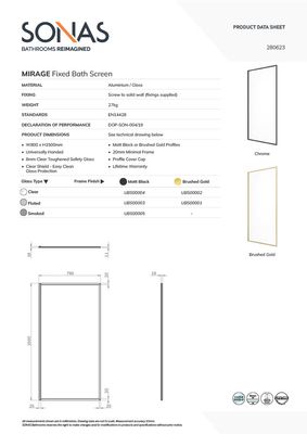 SONAS MIRAGE 800x1500mm Matt Black Frame with Smoked Glass Bath Screen