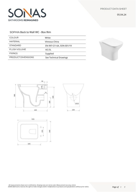 SOPHIA Back to Wall WC &amp; Box Rim &amp; Gamma Soft Close Seat