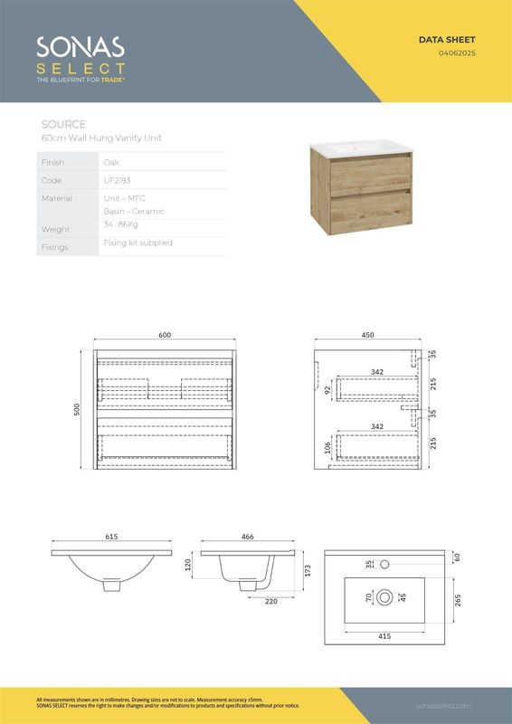 SOURCE Wall Hung 60cm Two Drawer Vanity Unit &amp; Basin