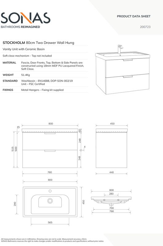 STOCKHOLM Wall Hung 80cm Two Drawer Unit Gloss White &amp;  Handles