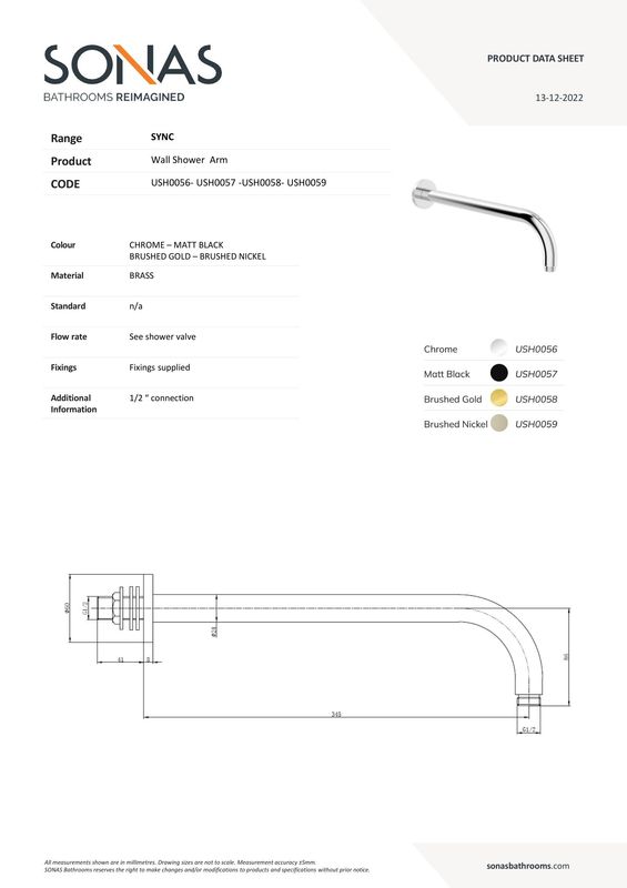 SYNC Round Wall Shower Arm 345mm