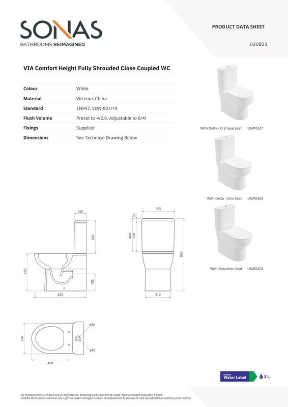 VIA Rimless Fully Shrouded Comfort Height Closed Coupled WC &amp; Sequence Soft Close Seat