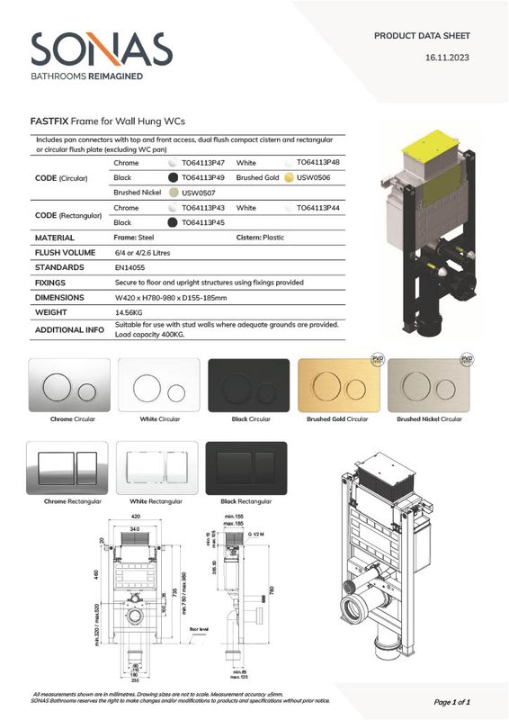 SONAS Fast Fix Frame with Top &amp; Front Access for Wall Hung WC with Brushed Nickle Circular Flush Plate