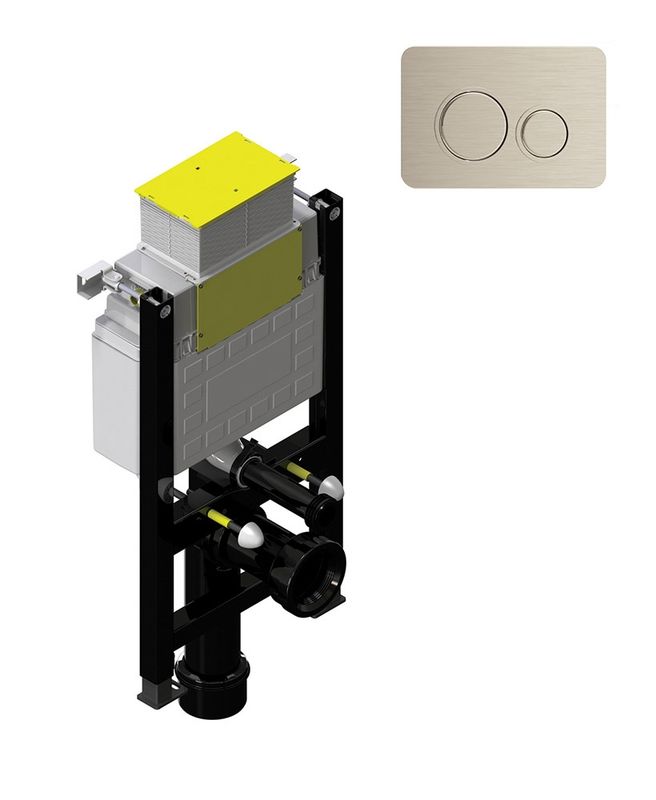 SONAS Fast Fix Frame with Top &amp; Front Access for Wall Hung WC with Brushed Nickle Circular Flush Plate
