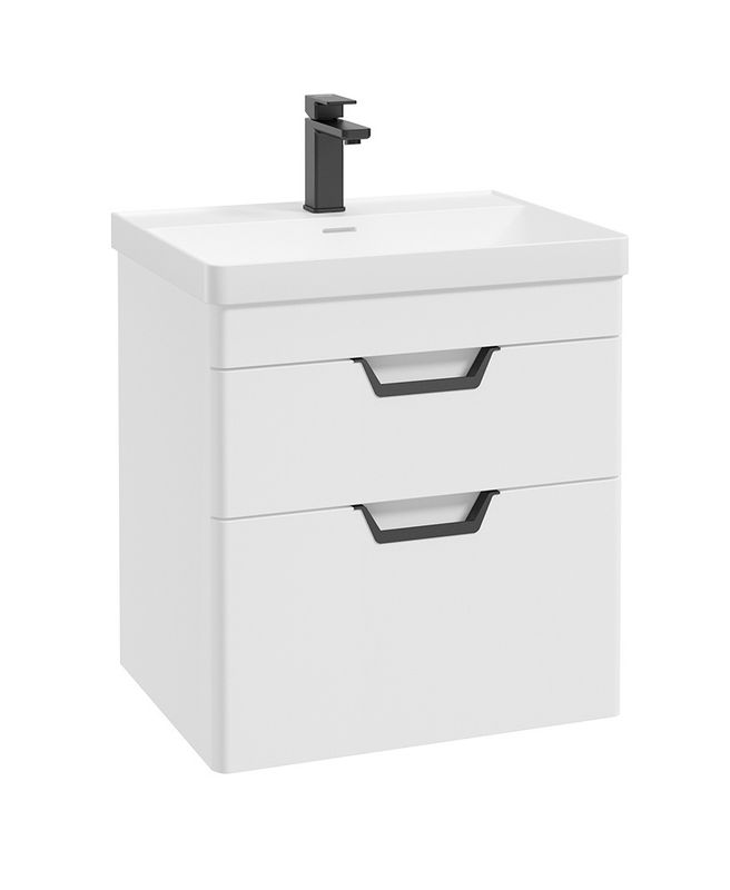 SONAS Freya 60cm 2 Drawer Wall Hung Vanity Unit White Matt - Matt Black Hardware