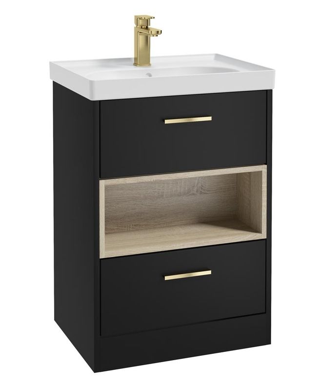 SONAS MALMO 60cm Two Drawer Matt Black Floor Standing Vanity Unit Matt Basin- Brushed Gold Handle