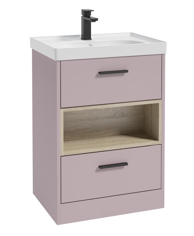 SONAS MALMO 60cm Two Drawer Matt Cashmere Pink Floor Standing Vanity Unit Matt Basin- Matt Black Handle