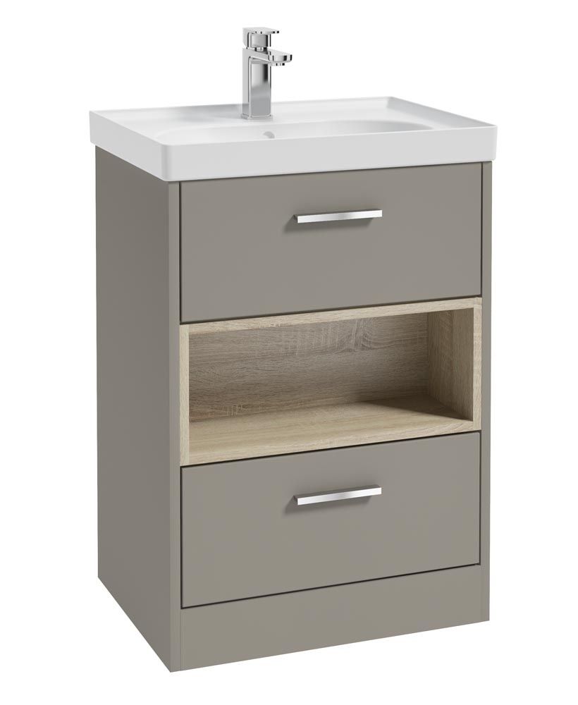 SONAS MALMO 60cm Two Drawer Matt Khaki Floor Standing Vanity Unit Matt Basin- Brushed Chrome Handle