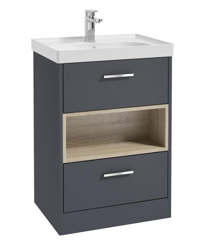 SONAS MALMO 60cm Two Drawer Matt Night Sky Blue Floor Standing Vanity Unit Matt Basin- Brushed Chrome Handle