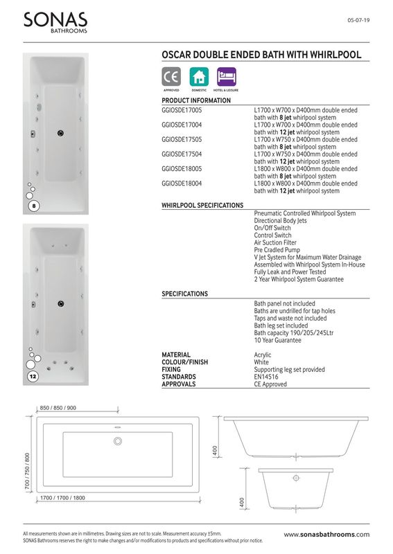 SONAS Oscar Double Ended 8 Jet Whirlpool Bath