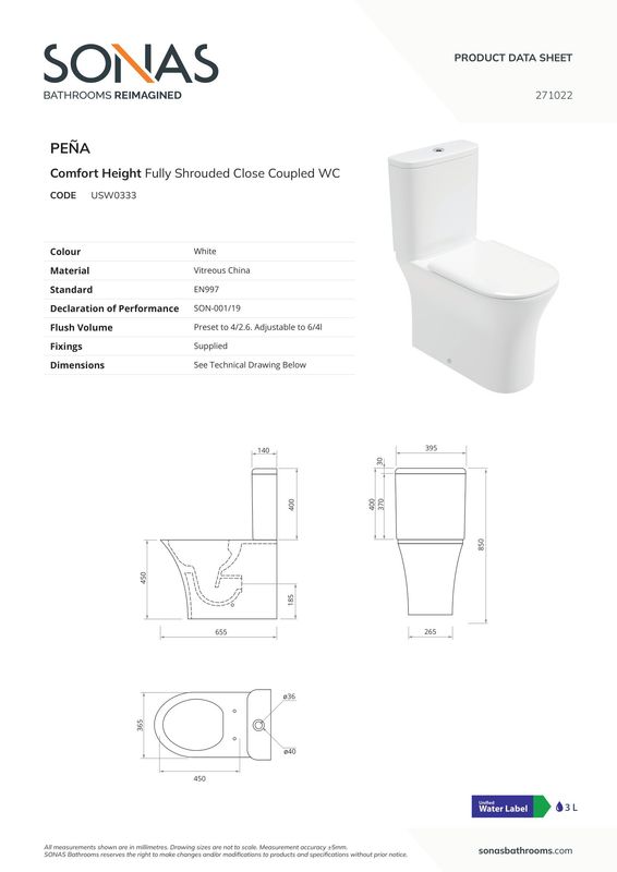 SONAS Pe�a Fully Shrouded Comfort Height Close Coupled Rimless Pan &amp; Soft Close Seat