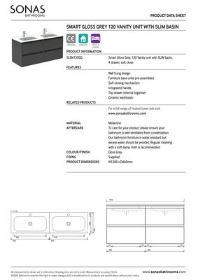 SONAS Smart 120cm Sandy Grey Wall Hung 4 Drawer Double Vanity Unit
