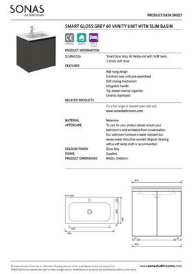 SONAS Smart 60cm Gloss White Wall Hung 2 Door Vanity Unit