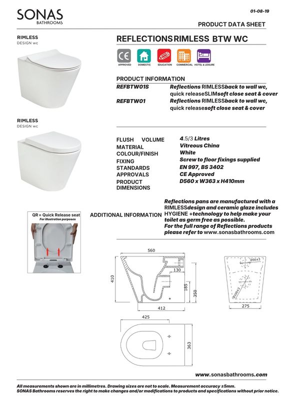 REFLECTIONS Rimless Back To Wall WC &amp; Sequence Slim Soft Close Seat