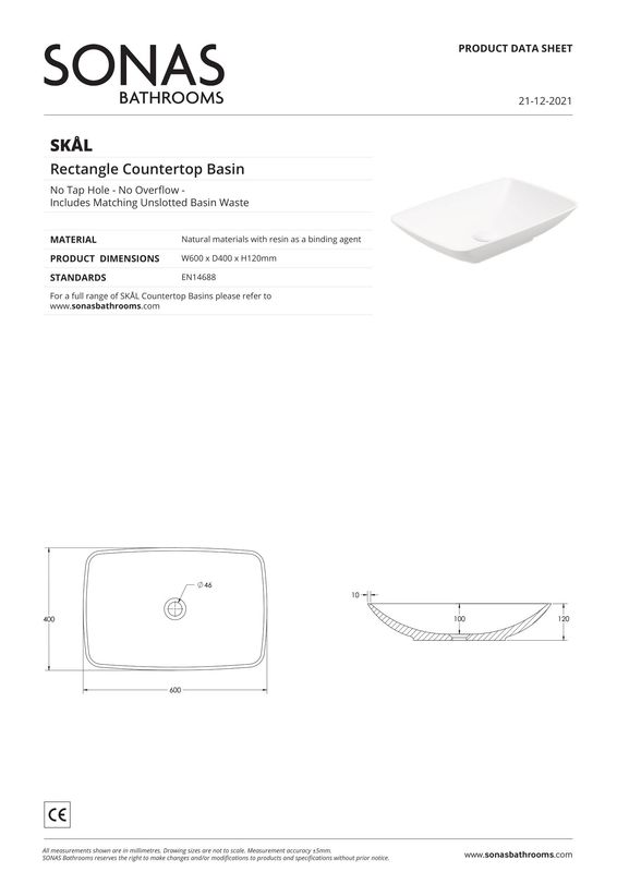 SKAL Rectangle 60cm Countertop Basin White
