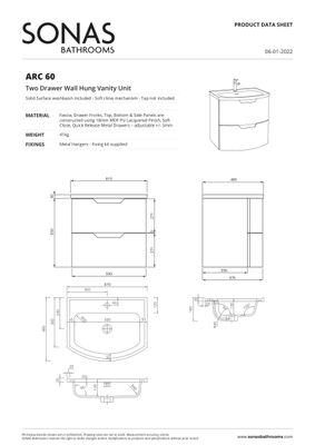 SONAS ARC 60cm 2 Drawer Wall Hung Vanity Unit Matt Cashmere Pink -Matt Basin