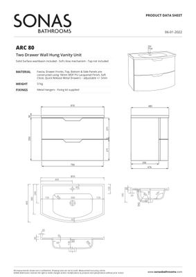 SONAS Arc 80cm Matt White 2 Drawer Wall Hung Vanity Unit